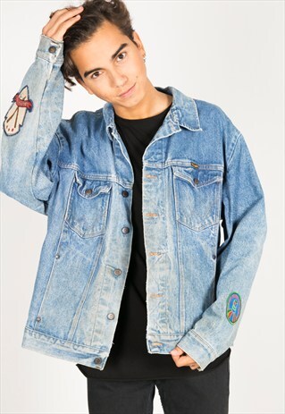 VINTAGE 80S WRANGLER PATCHED DENIM JACKET / R1136