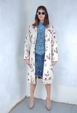 Vintage 90's tailored flower abstract trench coat in white