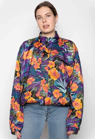 BLUE PURPLE ORANGE TEAL FLORAL PATTERN ZIP BOMBER JACKET L