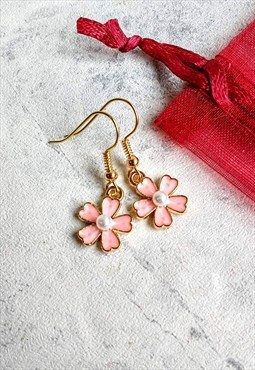 Pink Cherry Blossom Flower Enamel Earrings