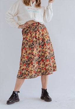 Vintage 70s High Waist Pleated Midi Skirt in Multi S