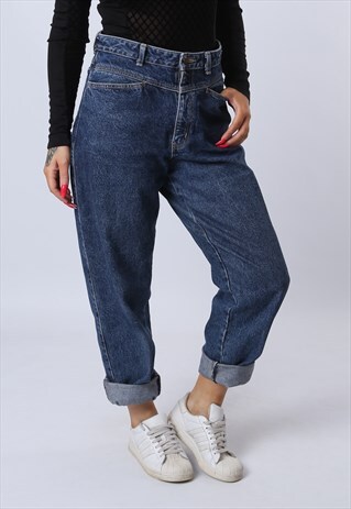 HIGH WAISTED DENIM JEANS TAPERED LEG VINTAGE UK 12 (J8GA)