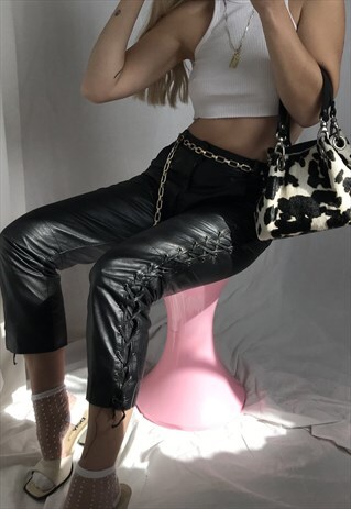 VINTAGE 1990S MID RISE BLACK LEATHER BIKER TROUSERS