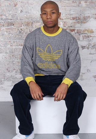 VINTAGE ADIDAS BIG LOGO TREFOIL SWEATSHIRT GREY AND YELLOW