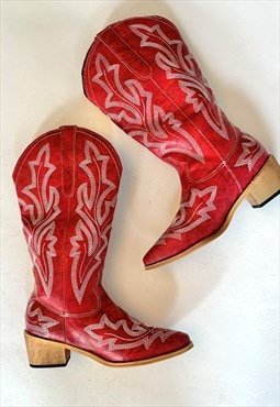 Red Embroidered Western Mid Calf Cowboy Boots