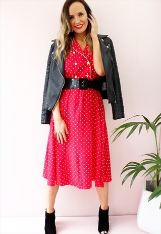 VINTAGE 80'S RED POLKA DOT COLLARED DAY TEA DRESS