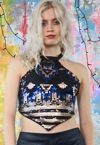 SEQUIN BACKLESS TOP IN BLUE AND BLACK AZTEC PRINT