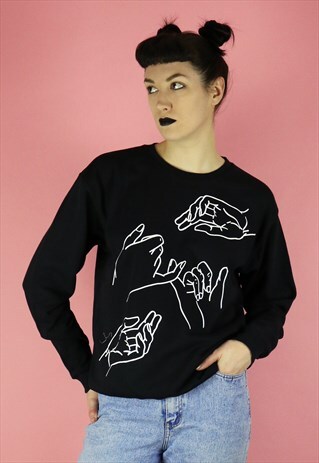 HANDS LINE DRAWING SWEATSHIRT PRINT BLACK SWEATER JUMPER