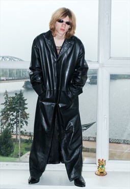 90's Vintage sexy matrix leather maxi coat in blade black