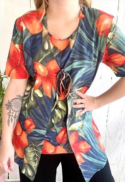 Vintage Retro Orange Floral Printed Tie Up 80's Top