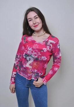 Vintage pink pullover blouse, woman 90s casual shirt 