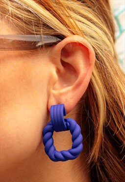 Royal Blue Matte Sculpted Rectangle Dangle Earrings 