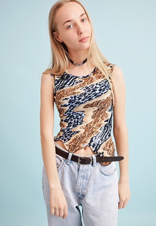 90'S RETRO ABSTRACT PRINT KITSCH MESH PARTY TEEN CROP TOP