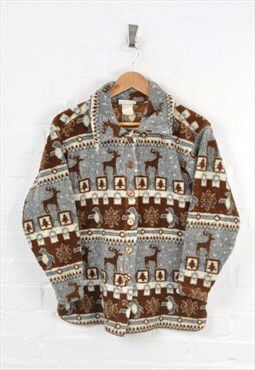Vintage Fleece Jacket Stag Print Brown/Grey Youth Large