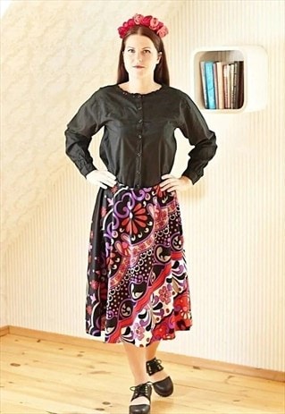 Bright floral A line wide vintage skirt