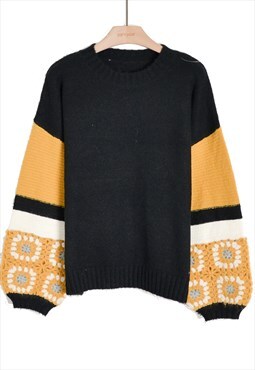 Black/Yellow Jumper With Floral Crochet Sleeves