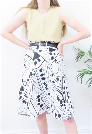 RETRO 80S VINTAGE WHITE & BLACK ABSTRACT MIDI SKIRT