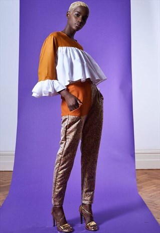 ZELA METALLIC BROCADE COLOUR BLOCK TROUSERS