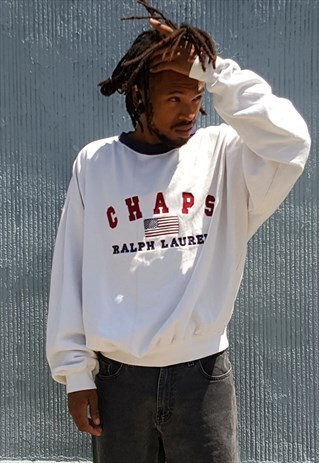 90S CHAPS LOGO AMERICAN FLAG WHITE DROP SHOULDER SWEATSHIRT