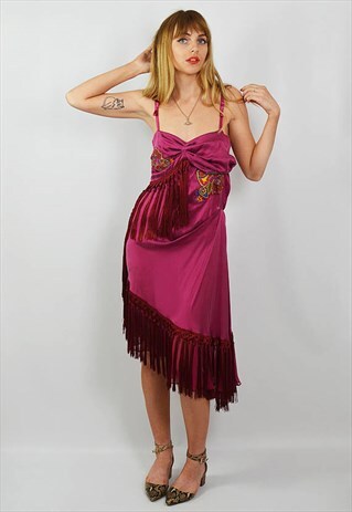 VINTAGE RARE JOHN GALLIANO BIAS CUT SILK FRINGED DRESS