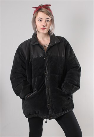 VINTAGE 90S BLACK LEATHER SUEDE PUFFER COAT JACKET