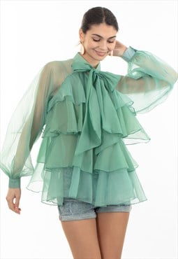 Organza shirt with multi-layer Bow Tie Up in front in mint