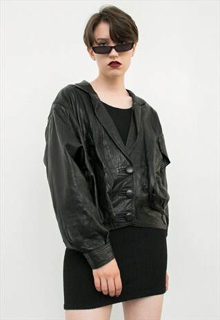VINTAGE JACKET BLACK GENUINE LEATHER 80S MOTORCYCLE MINI RET