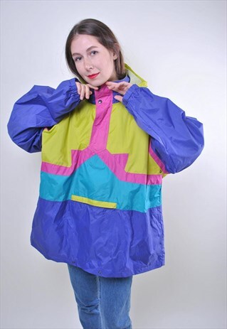 80S MULTICOLOR RAIN ANORAK, VINTAGE WOMEN RAINJACKET, SIZE L