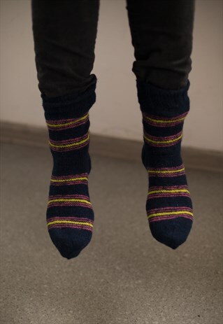 NAVY HANDMADE STRIPED KNITTED WOOL SOCKS