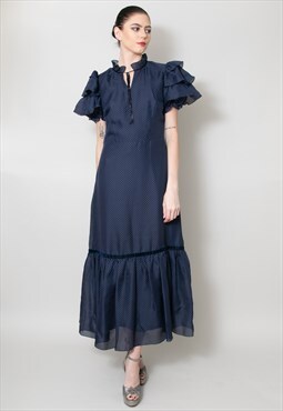 70's Vintage Ladies Dress Blue Ruffle Polka Dot Prairie Maxi