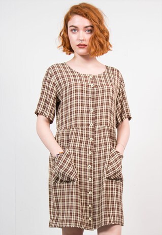 VINTAGE 90'S BROWN CHECK GRUNGE STYLE MINI DRESS