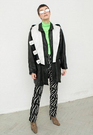 VINTAGE LEATHER MIDI JACKET BLACK AND WHITE WITH HOOD JACKET