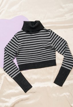 Vintage Jumper Y2K Punk Striped Crop Sweater in Grey