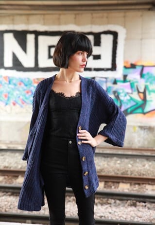 Plain blue color knitted long cardigan with front pockets