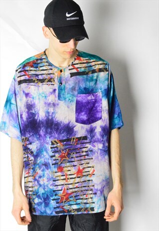 VINTAGE 80S COLOURFUL TIE DYE 1/4 BUTTON FESTIVAL T-SHIRT
