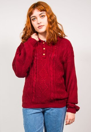 VINTAGE 90'S DARK RED KNIT QUARTER BUTTON NECK COLLAR JUMPER
