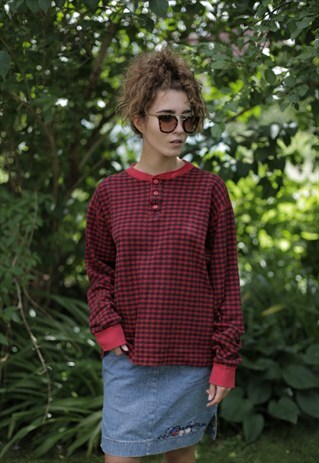 VINTAGE 90'S RED/BLACK CHECKED LONG SLEEVES COTTON TOP