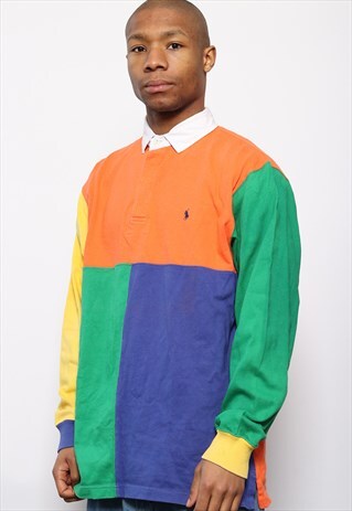 VINTAGE RALPH LAUREN LOGO BLOCK COLOUR RUGBY POLO SHIRT