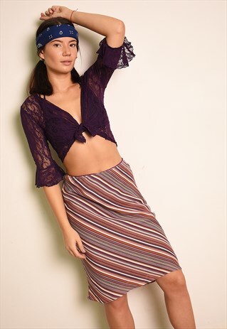 VINTAGE Y2K RETRO STRIPED PRINT MESH MIDI SKIRT