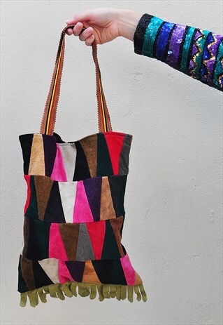 VINTAGE FRINGED SUEDE PATCHWORK TOTE BAG