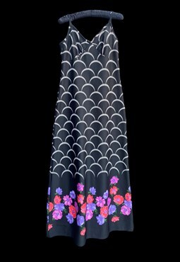 70's Vintage Ladies Slip Retro Maxi Dress Black Floral Print