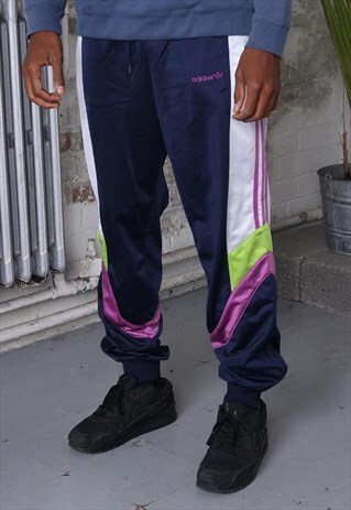 VINTAGE ADIDAS LOGO 3 STRIPE TRACK PANTS BLUE WHITE PURPLE