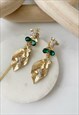 Gold Diamante Drop Green Leaf Bee Flower Chandelier Earrings