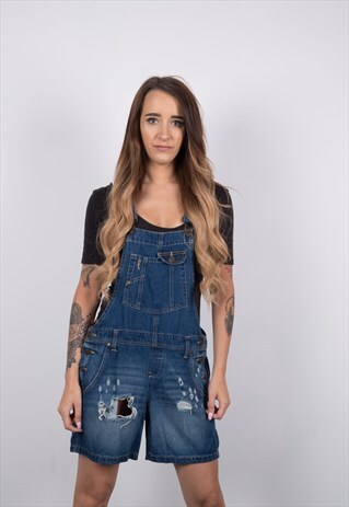 VINTAGE BLUE DENIM RIPPED SHORT DUNGAREES