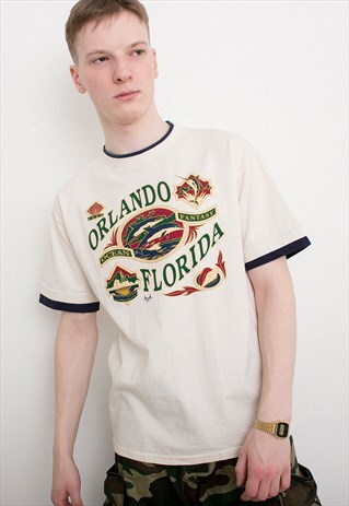VINTAGE DOLPHIN PRINT BEIGE T-SHIRT ORLANDO SURFER STYLE