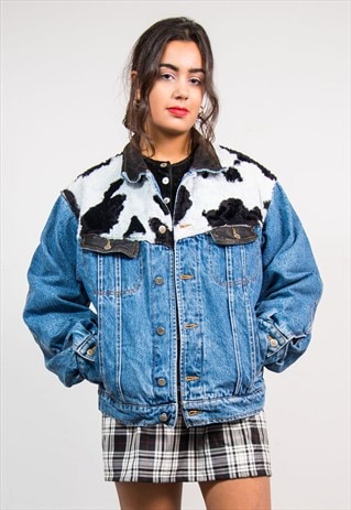 VINTAGE 90'S VALENTINO COW PRINT BLUE DENIM JACKET