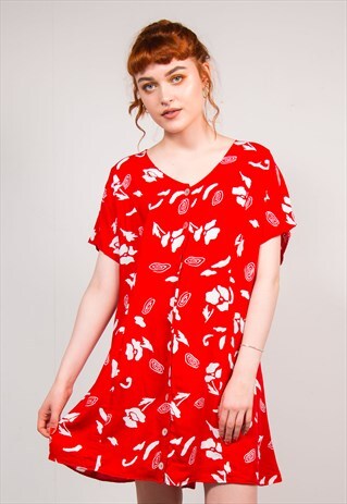 90'S VINTAGE RED PATTERNED SUMMER FESTIVAL DRESS