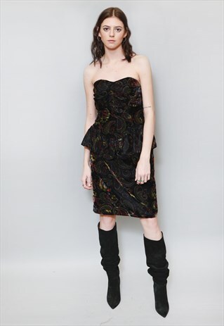 VINTAGE 1980'S VELVET PEPLUM PAISLEY METALLIC MINI DRESS