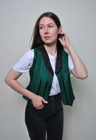WOMEN'S STRIPED VEST, 90S GREEN FRONT BUTTONS FORMAL TOP