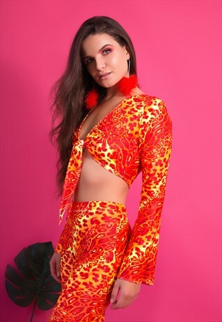 ORANGE LEOPARD PRINT TIE UP FLARED CROP TOP